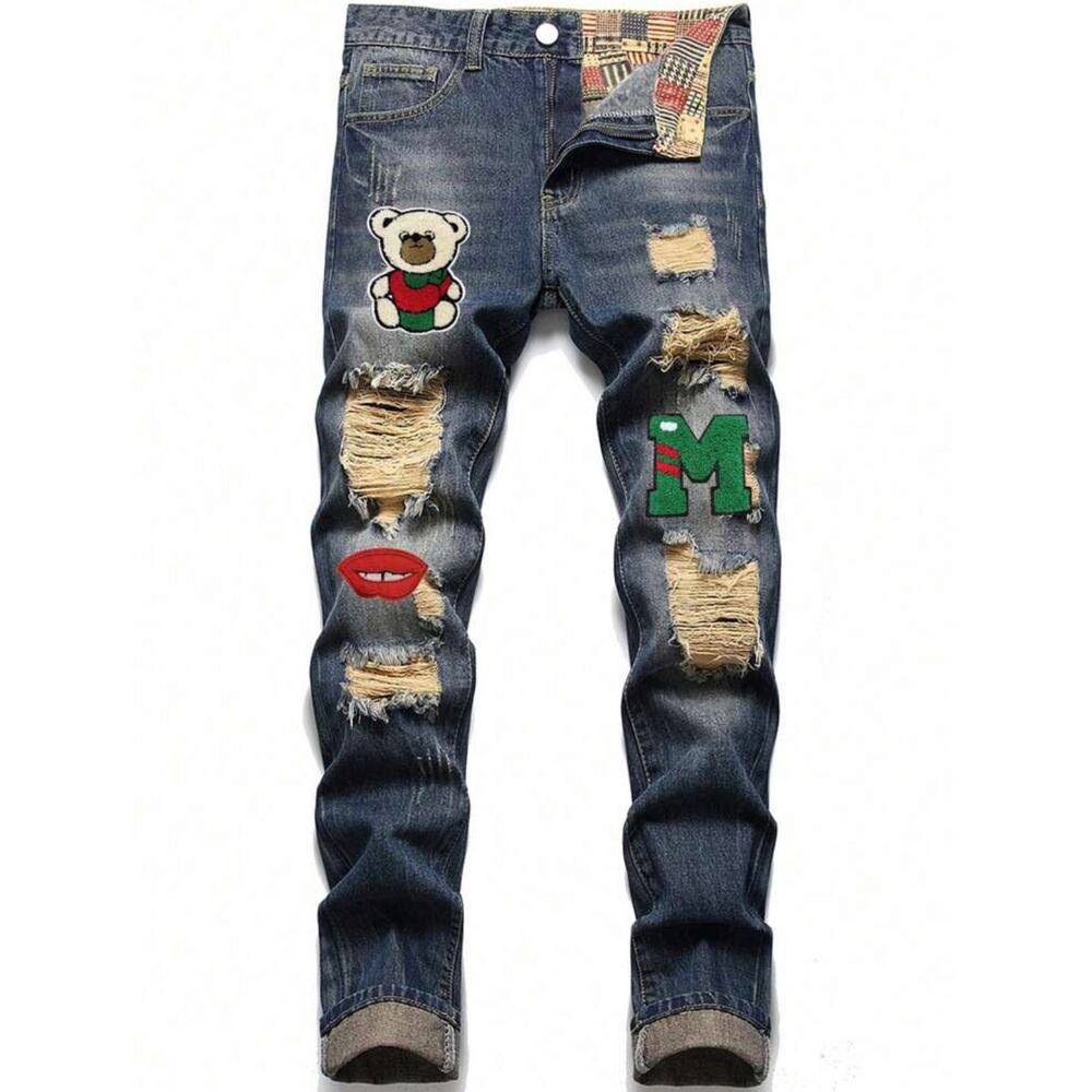 Men’s Ripped Frayed Jeans, Cartoon & Letter Patch Detail, Distressed, Size 32
